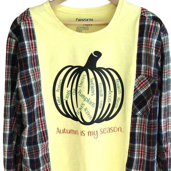 Flannel Tee Upcycle, Autumn Pumpkin Graphic, Size S-M: Oversized Long-Sleeved - Picture 1 of 12